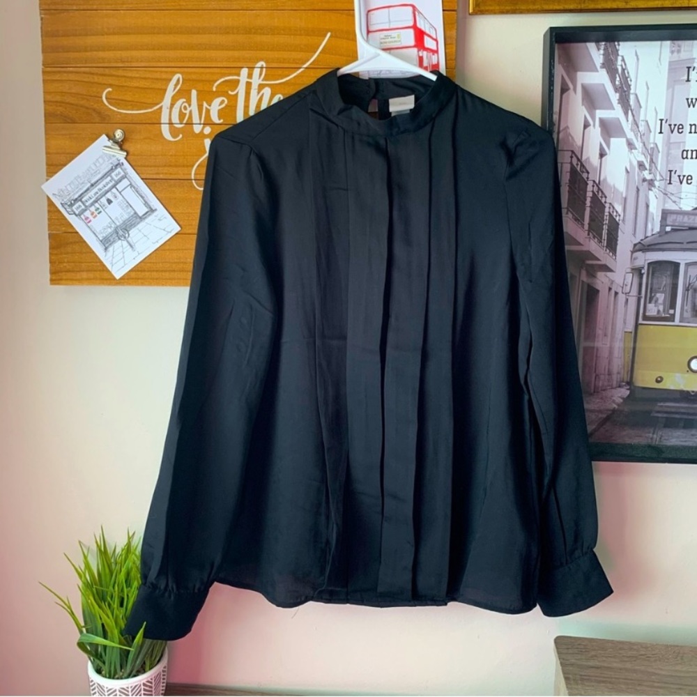 Black Pleated Long Sleeve Blouse